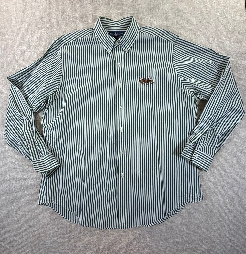 Ralph Lauren Men White Green XL Classic Fit Big Logo Long Sleeve Button Shirt